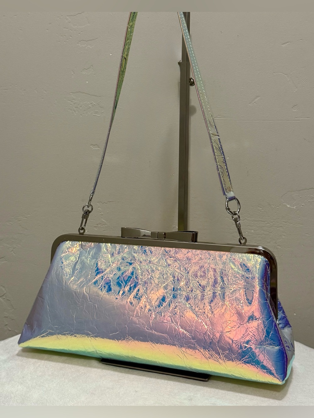 Stunning Iridescent Leather Handmade Bow Shaped Kisslock Clutch Bag, Crossbody